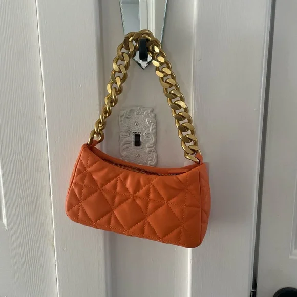 Mango Orange Quilted Baguette Purse with Gold Chain - Picture 14 of 16